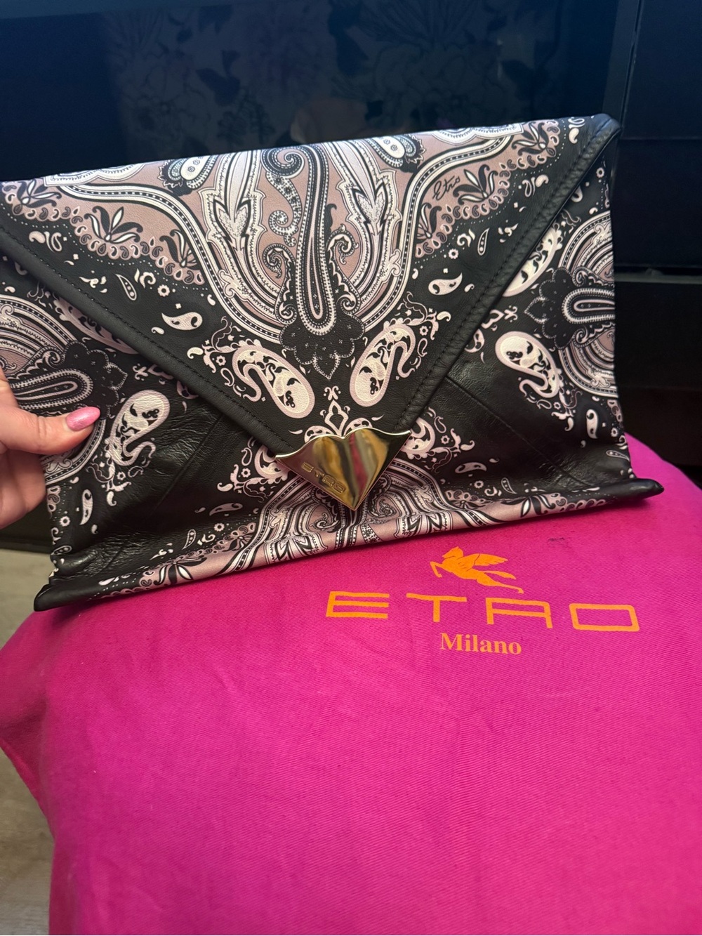 Etro Black and Blush-Grey & White Paisley Envelope Clutch